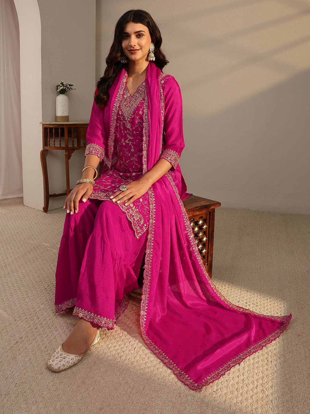 Pink Embroidered Chinon Kurta Set with Flared Sharara and Dupatta