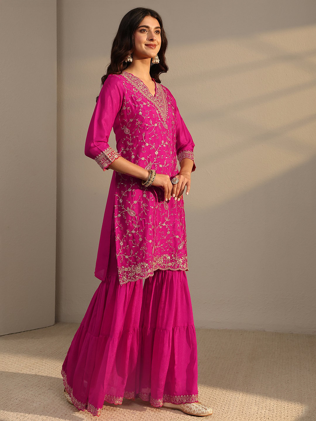 Pink Embroidered Chinon Kurta Set with Flared Sharara and Dupatta