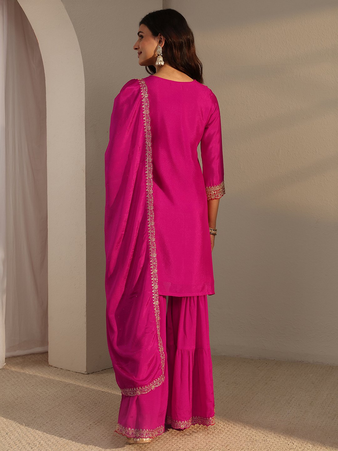 Pink Embroidered Chinon Kurta Set with Flared Sharara and Dupatta