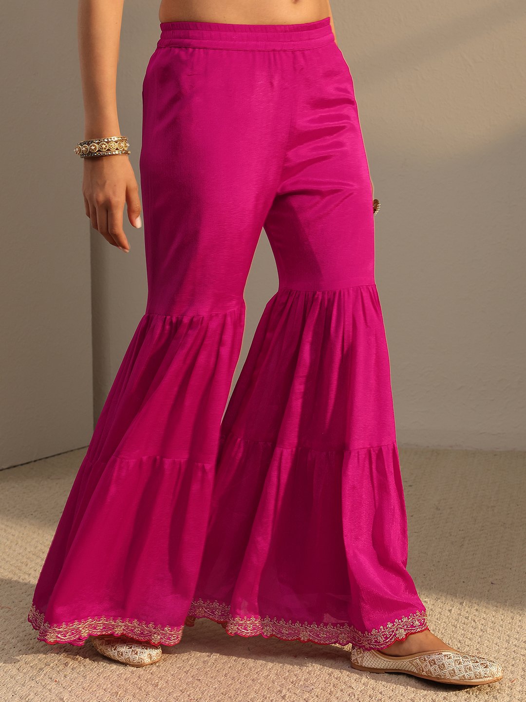 Pink Embroidered Chinon Kurta Set with Flared Sharara and Dupatta