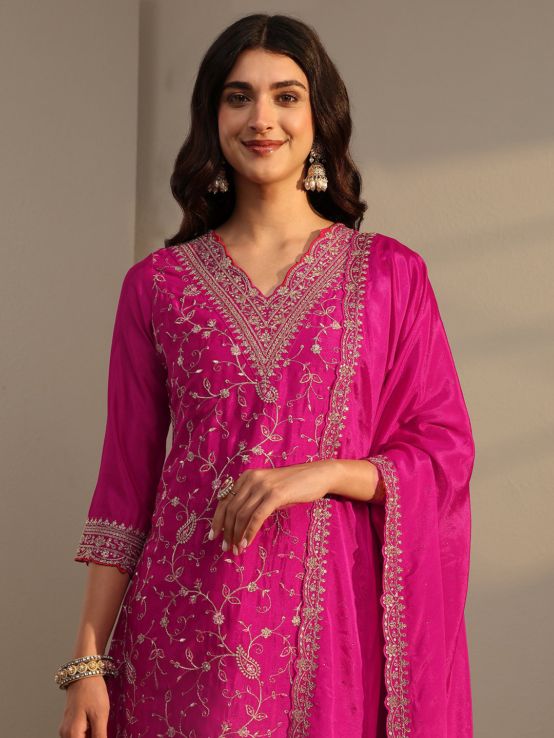 Pink Embroidered Chinon Kurta Set with Flared Sharara and Dupatta