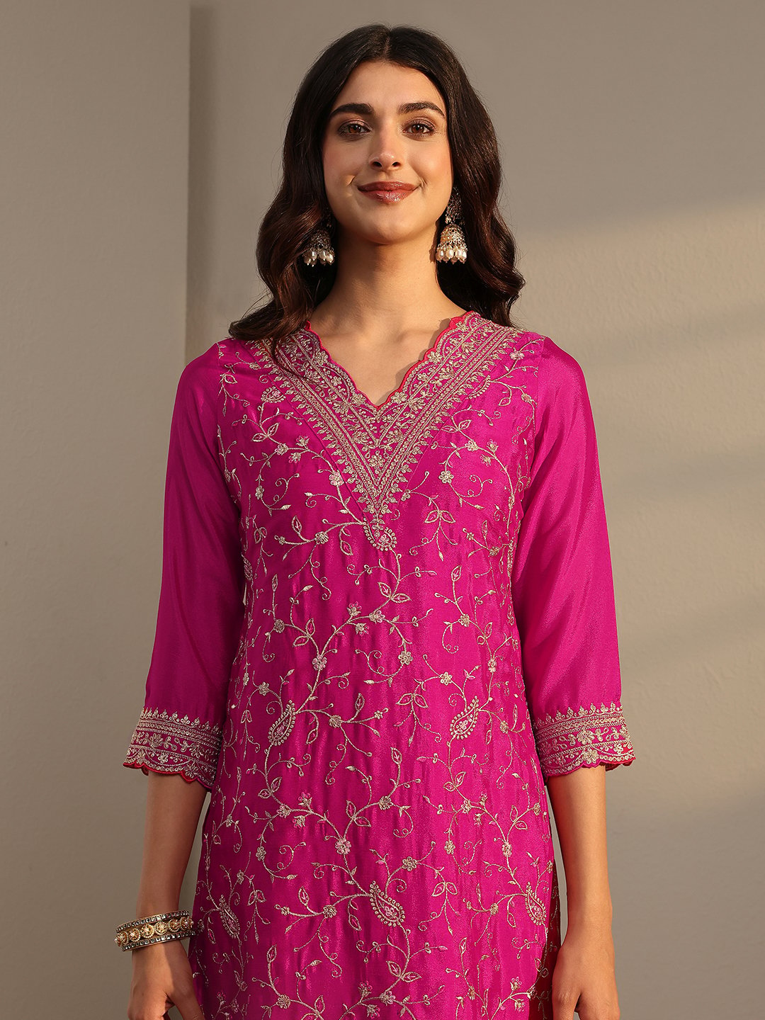 Pink Embroidered Chinon Kurta Set with Flared Sharara and Dupatta