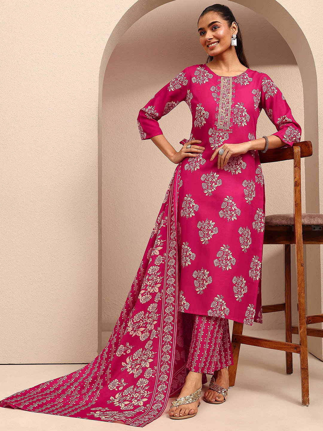 Pink Printed Cotton Blend Kurta Set with Trousers and Dupatta