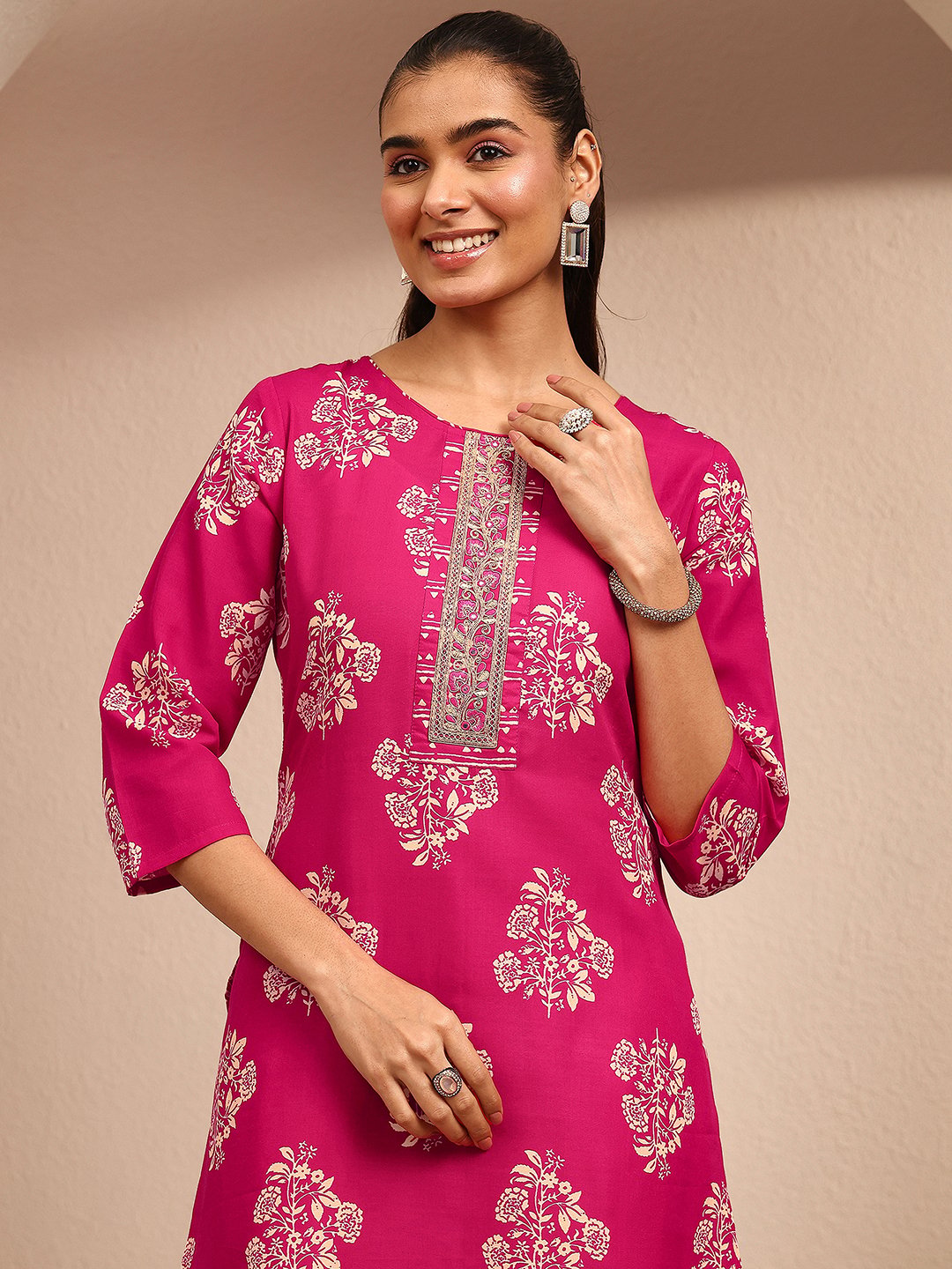 Pink Printed Cotton Blend Kurta Set with Trousers and Dupatta