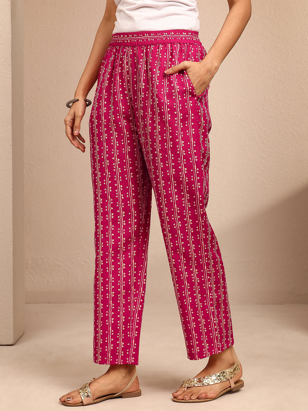 Pink Printed Cotton Blend Kurta Set with Trousers and Dupatta