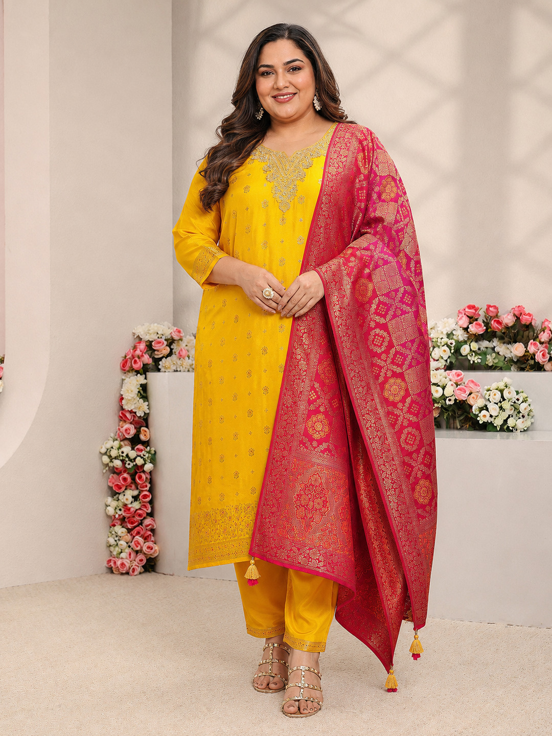 Plus Size Mustard Silk Blend Embroidered Kurta Set with Dupatta
