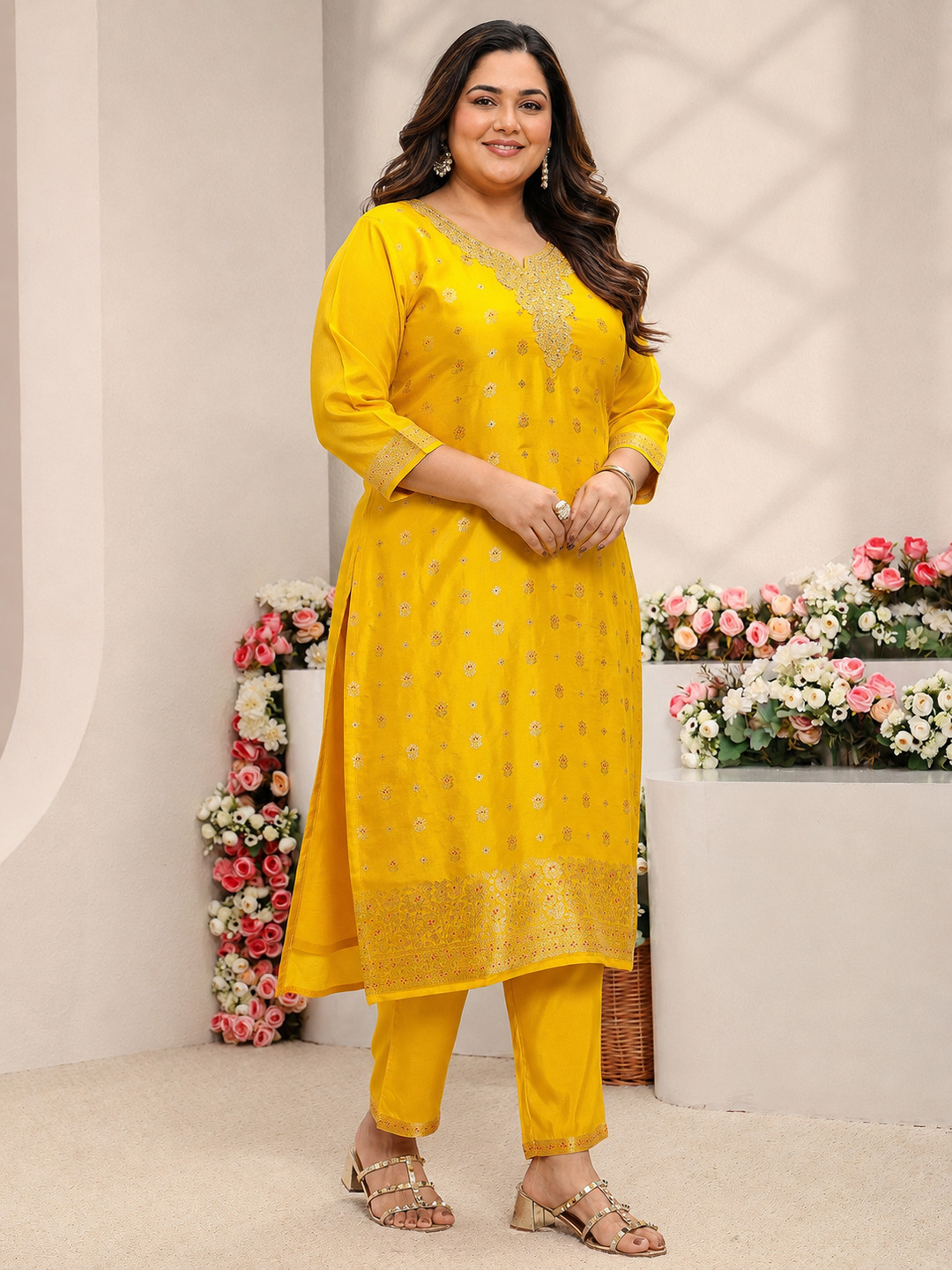 Plus Size Mustard Silk Blend Embroidered Kurta Set with Dupatta