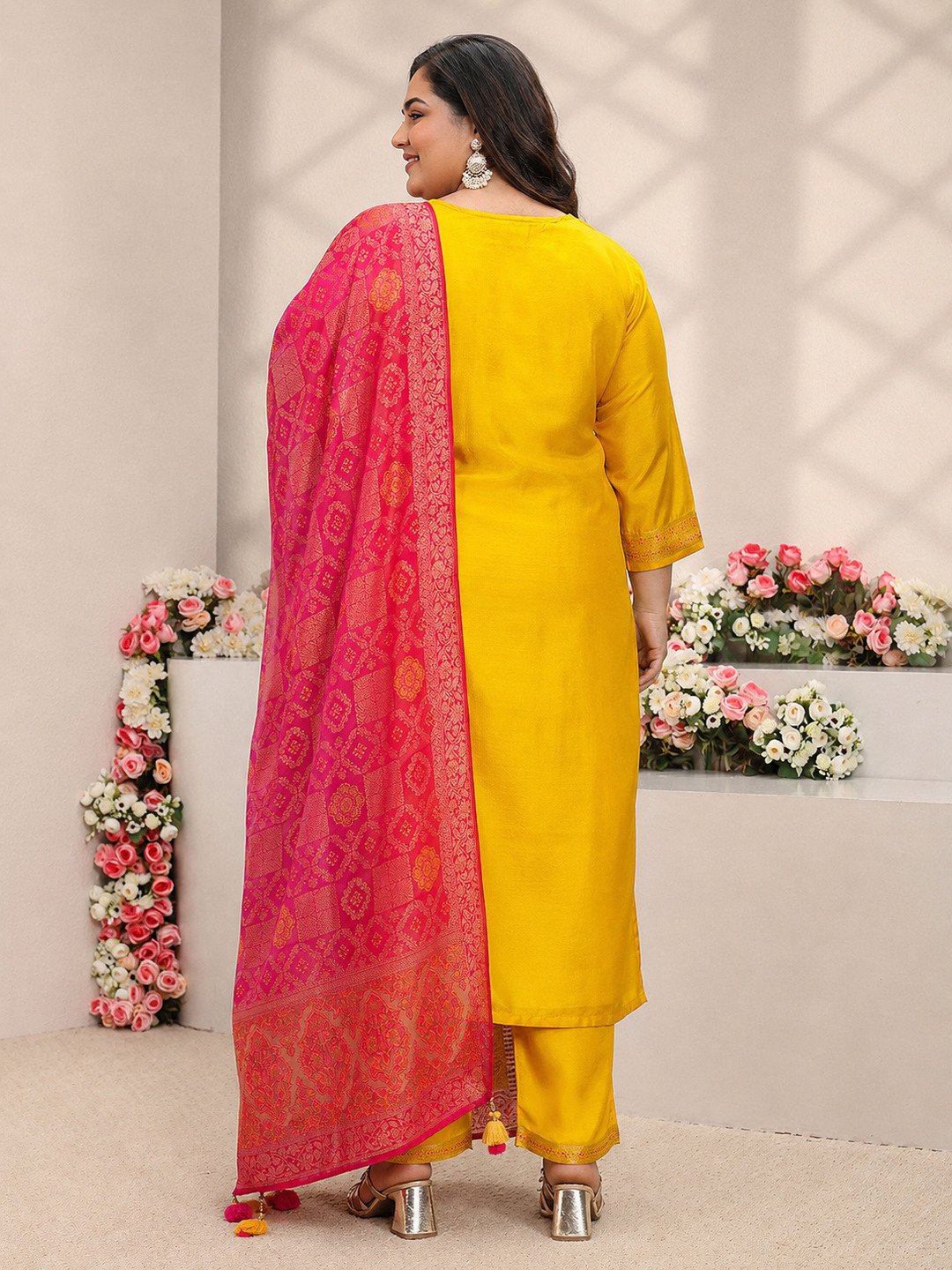 Plus Size Mustard Silk Blend Embroidered Kurta Set with Dupatta