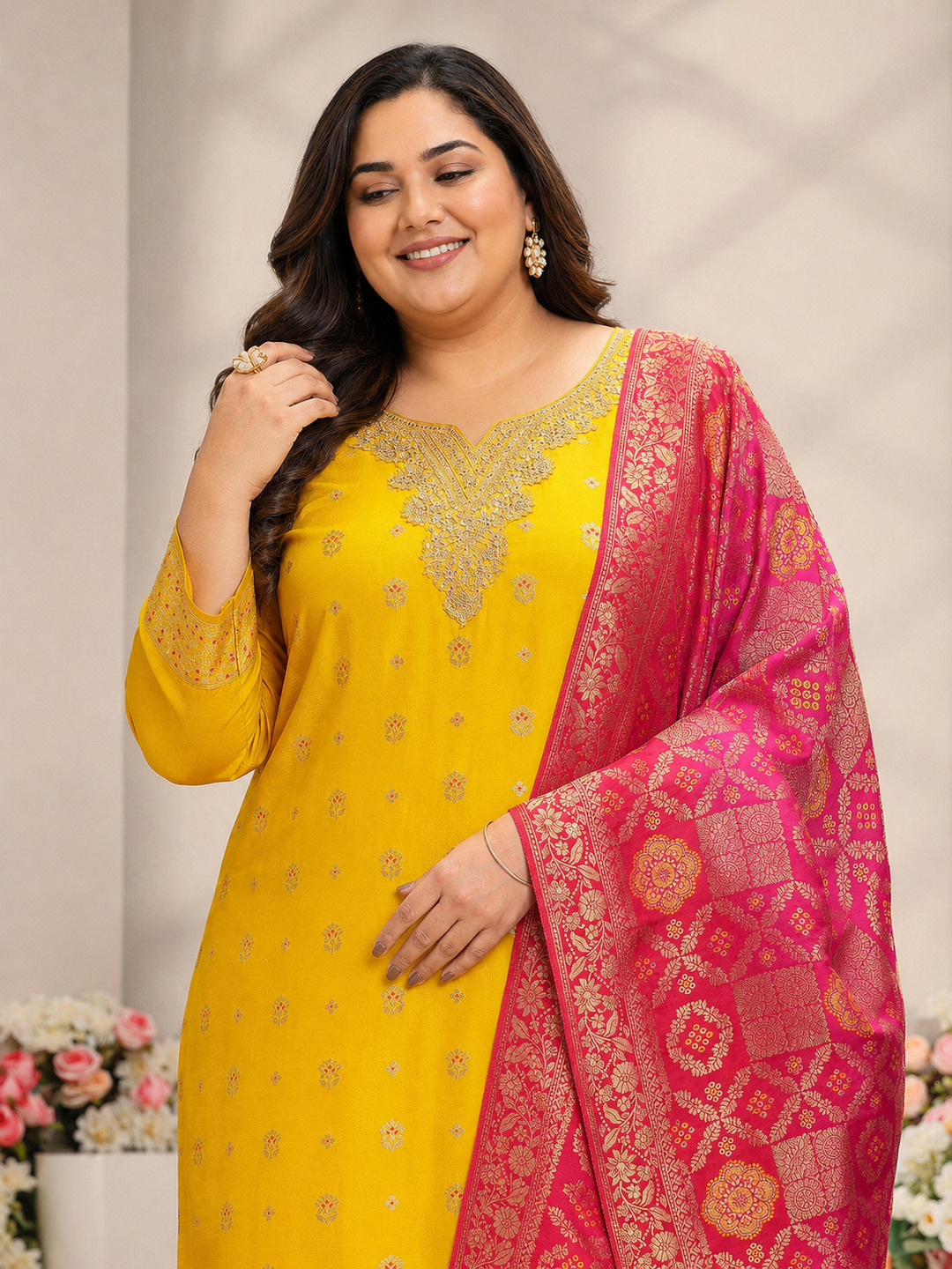 Plus Size Mustard Silk Blend Embroidered Kurta Set with Dupatta