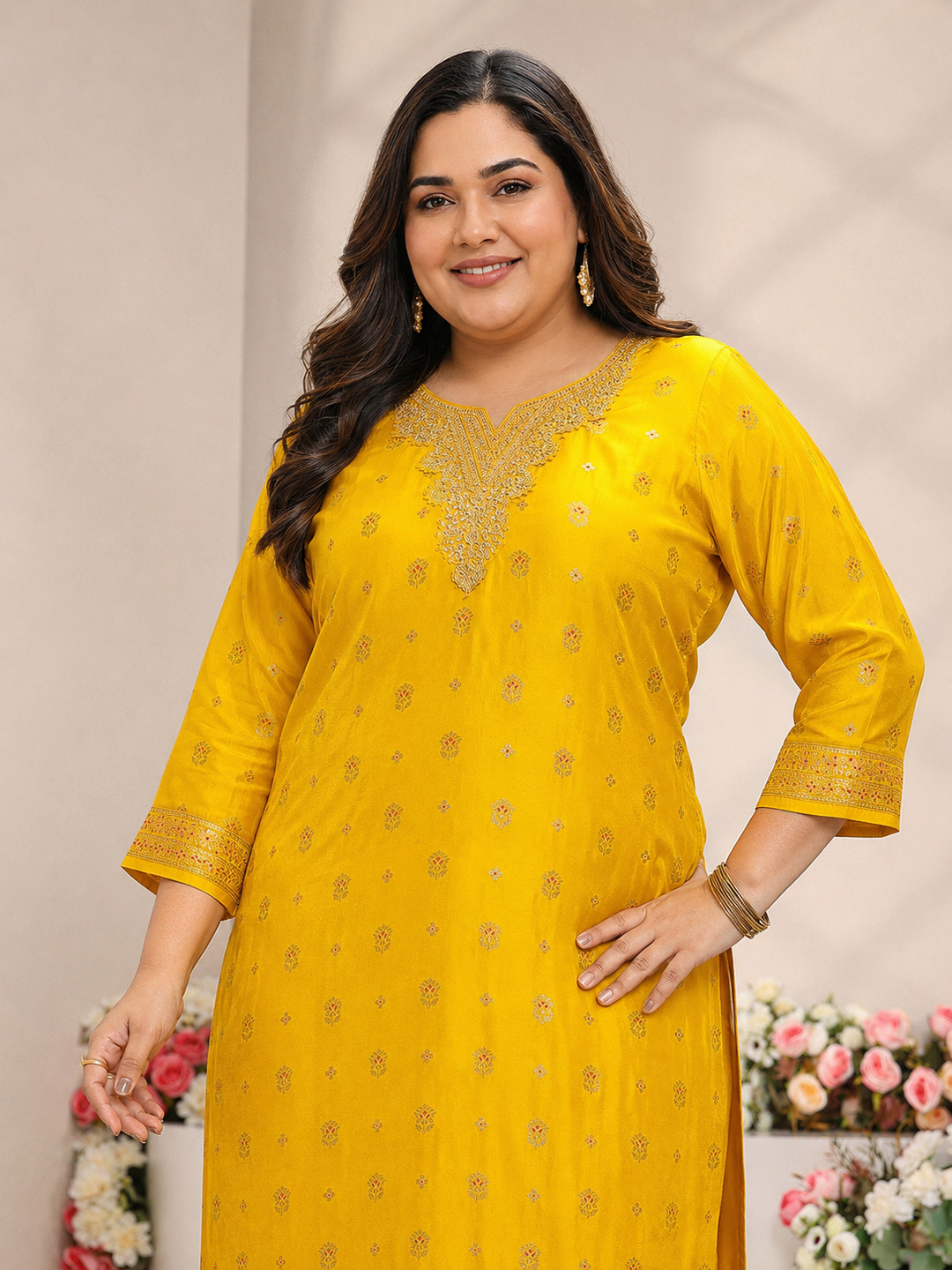 Plus Size Mustard Silk Blend Embroidered Kurta Set with Dupatta
