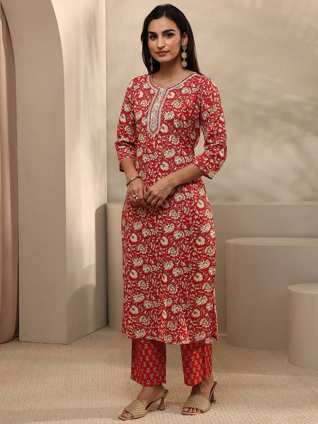 Red Embroidered Cotton Blend Kurta Set with Straight Pants and Dupatta