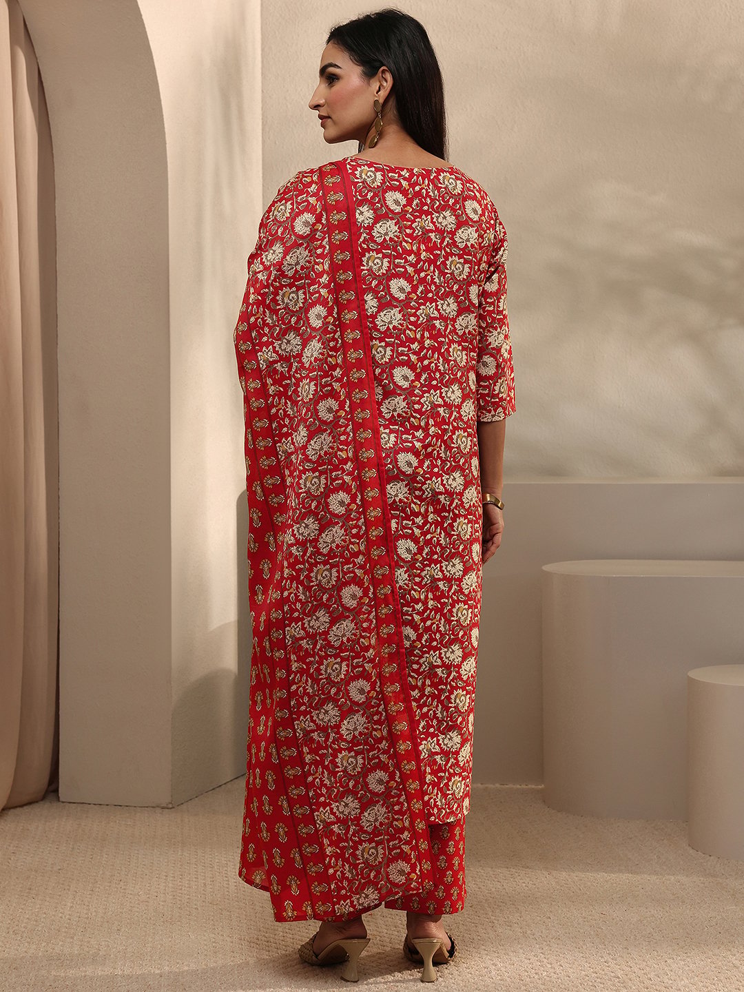 Red Embroidered Cotton Blend Kurta Set with Straight Pants and Dupatta