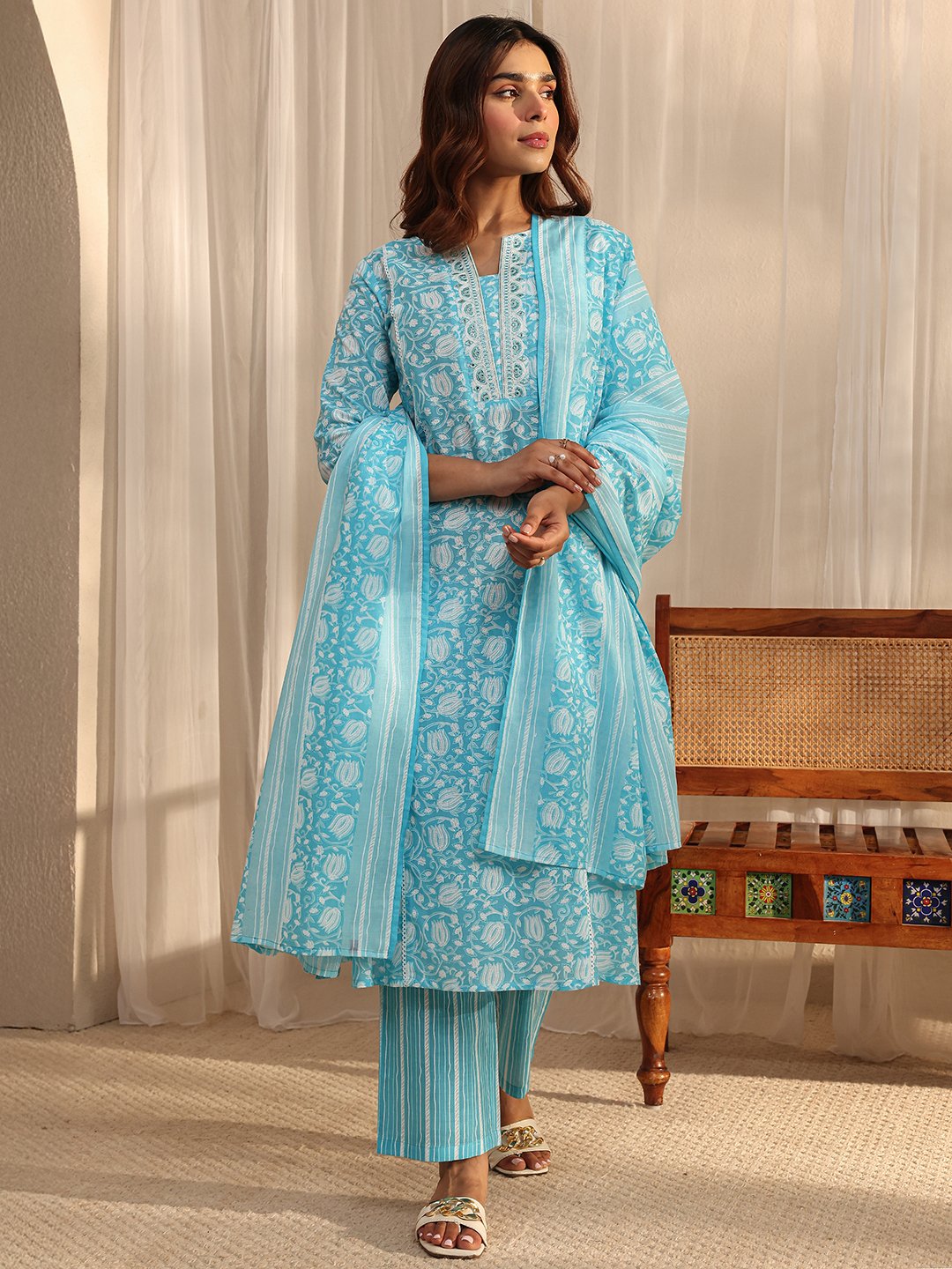Blue Printed Cotton A-Line Kurta Set with Trousers and Dupatta