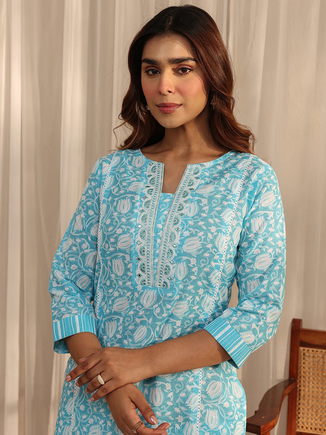 Blue Printed Cotton A-Line Kurta Set with Trousers and Dupatta
