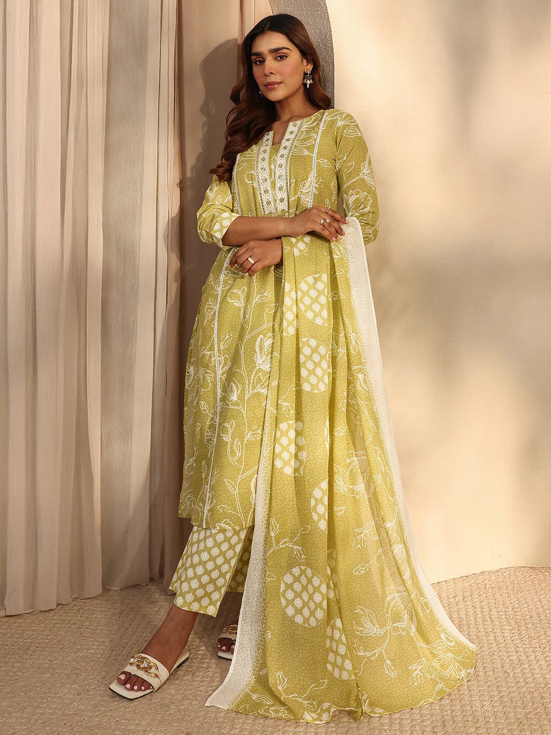 Lime Green Printed Cotton Kurta Set with Trousers and Dupatta
