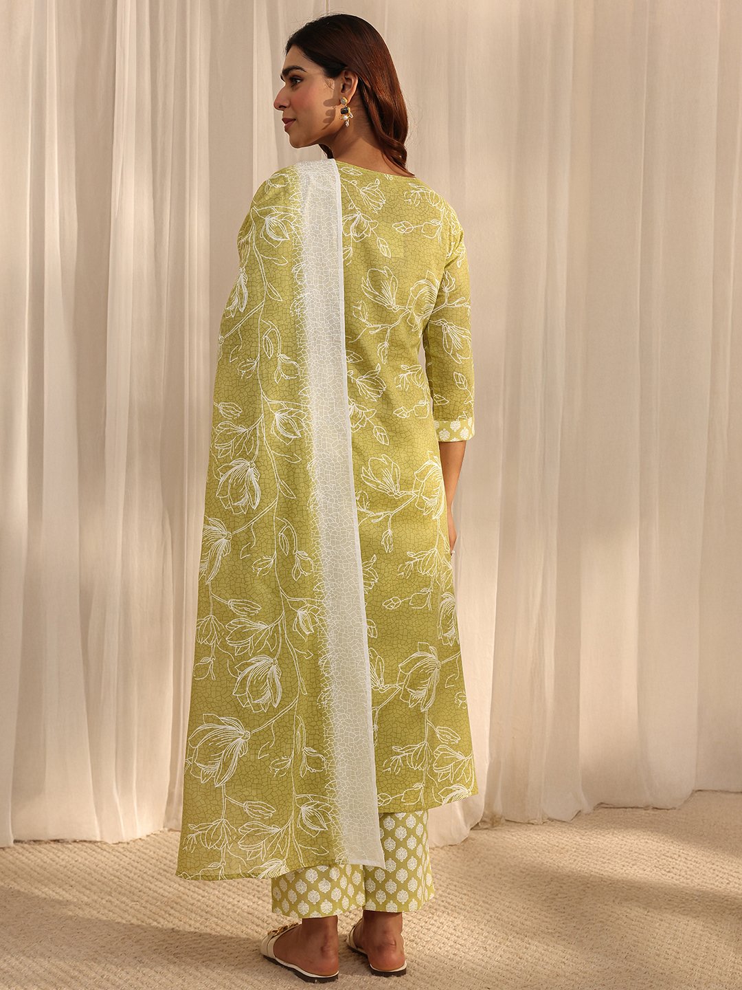 Lime Green Printed Cotton Kurta Set with Trousers and Dupatta