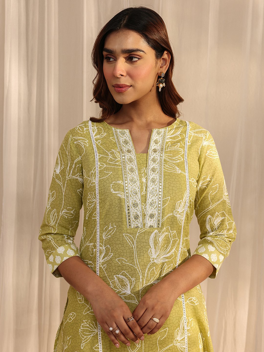 Lime Green Printed Cotton Kurta Set with Trousers and Dupatta