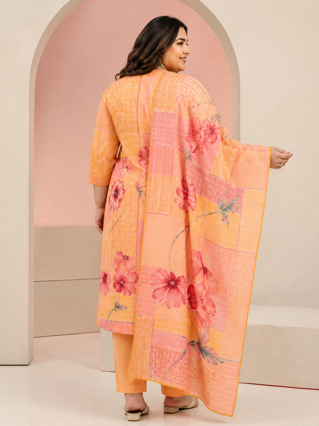 Plus Size Peach Floral Printed Muslin Ethnic Set with Straight Kurta, Trousers and Dupatta