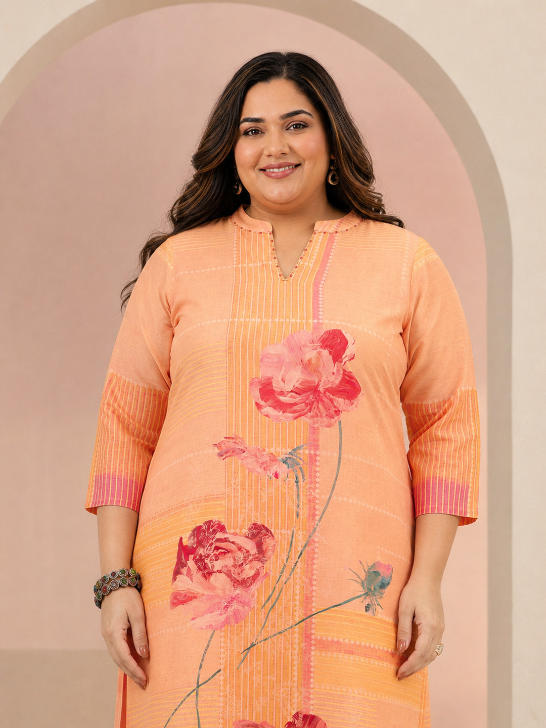 Plus Size Peach Floral Printed Muslin Ethnic Set with Straight Kurta, Trousers and Dupatta