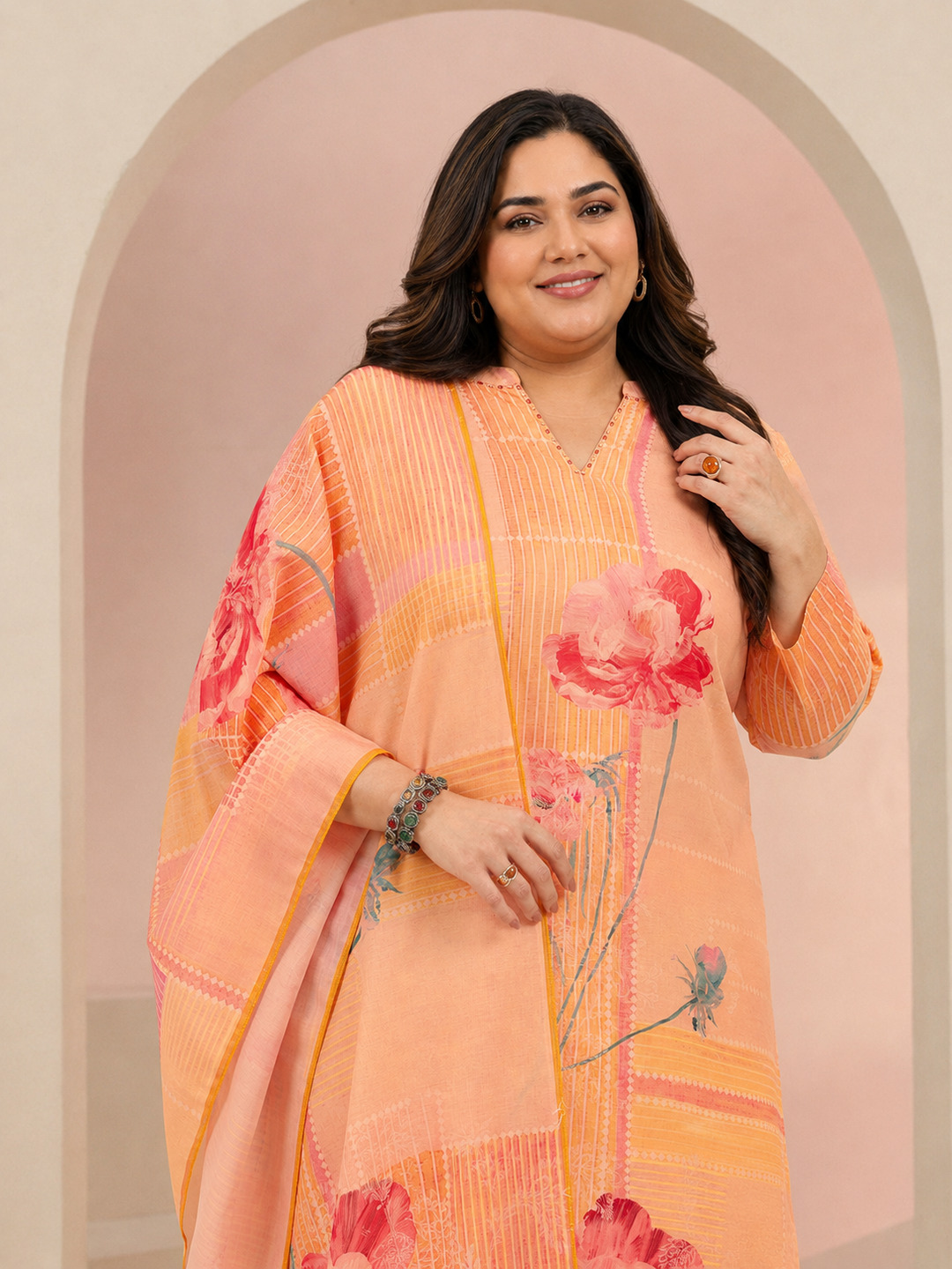 Plus Size Peach Floral Printed Muslin Ethnic Set with Straight Kurta, Trousers and Dupatta