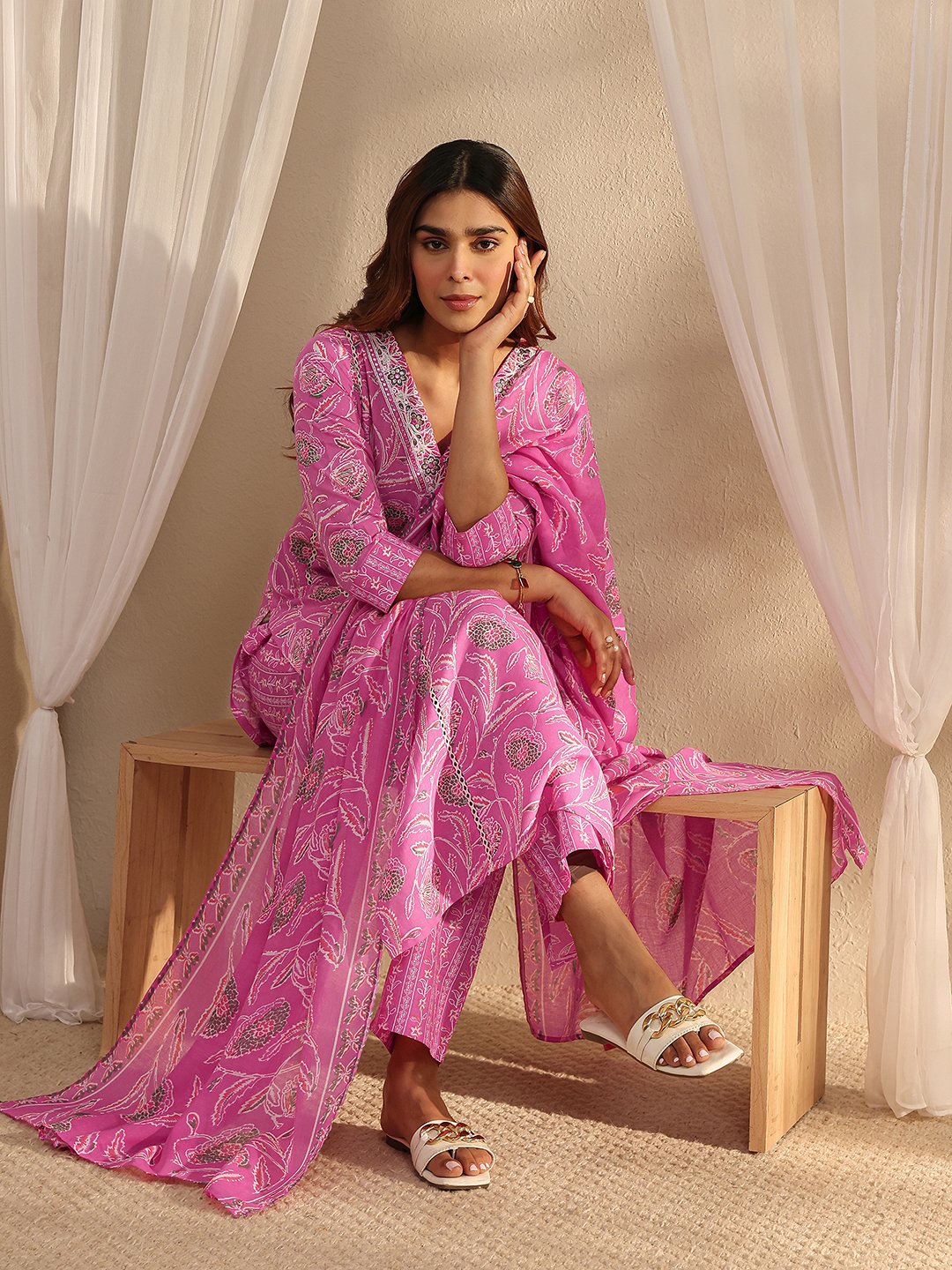 Pink Embroidered V-Neck Kurta Set with Straight Trousers and Dupatta