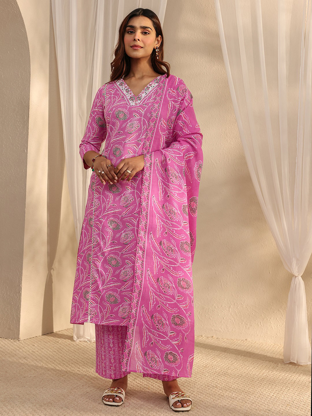Pink Embroidered V-Neck Kurta Set with Straight Trousers and Dupatta