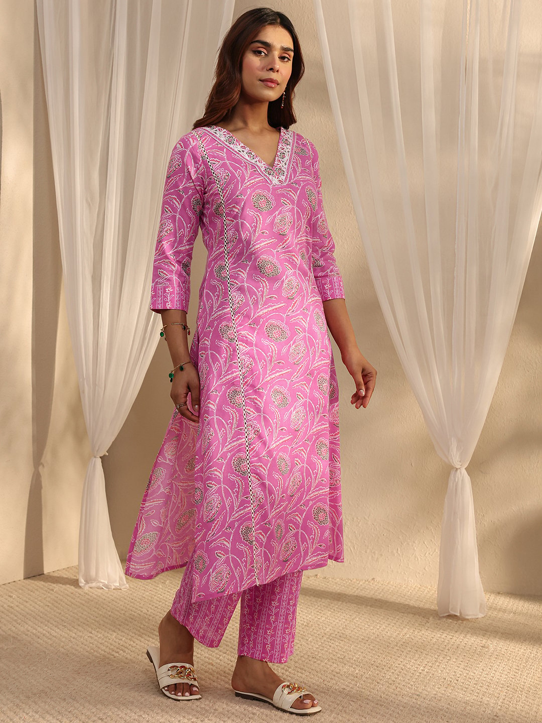 Pink Embroidered V-Neck Kurta Set with Straight Trousers and Dupatta