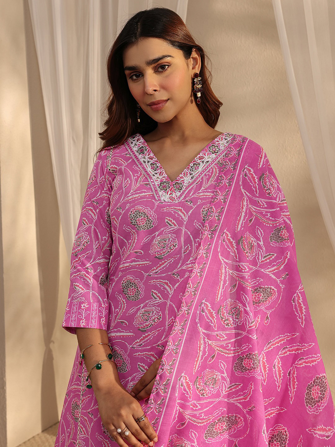 Pink Embroidered V-Neck Kurta Set with Straight Trousers and Dupatta