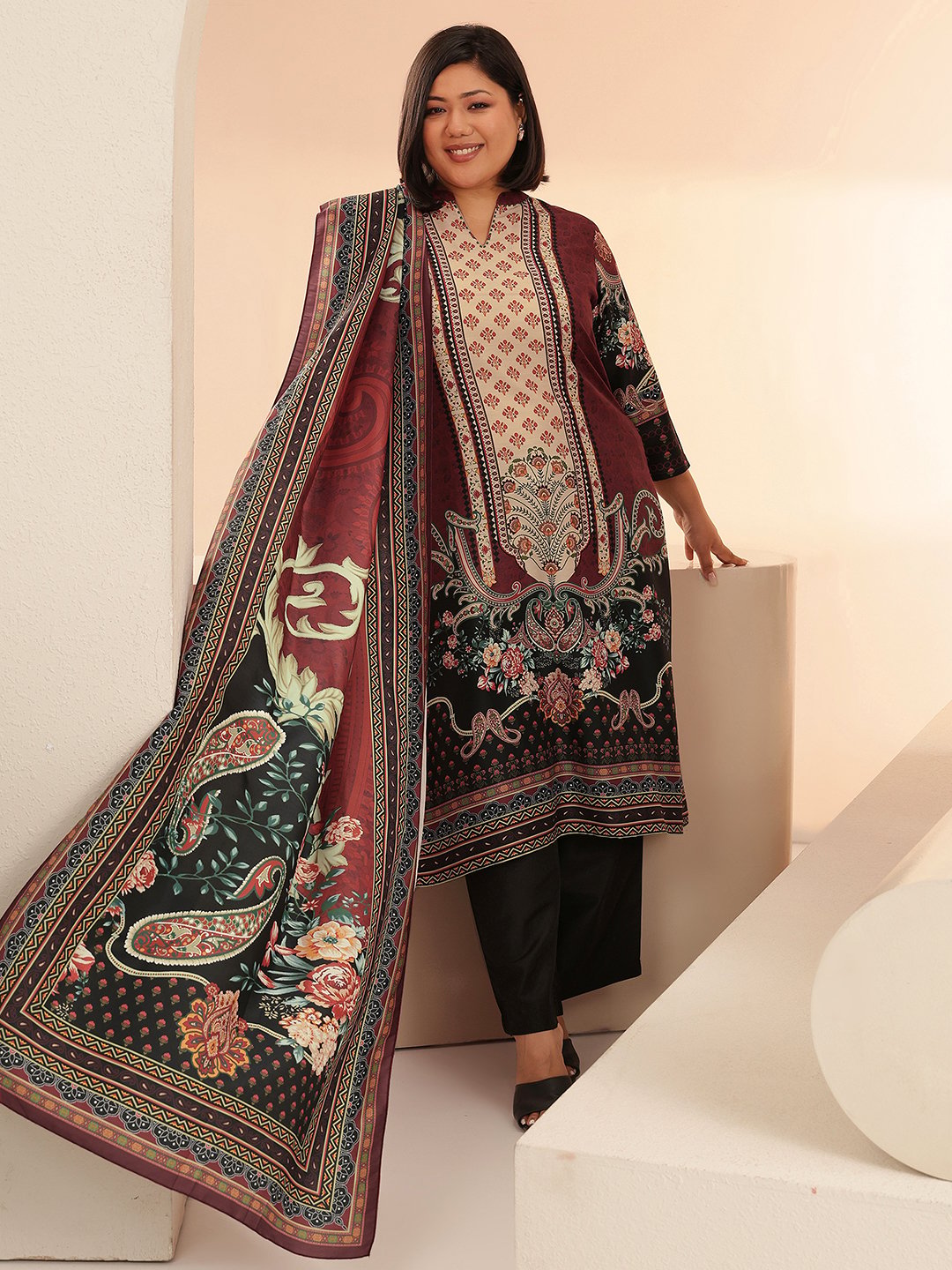Plus Size Maroon Printed Muslin Kurta Set with Dupatta