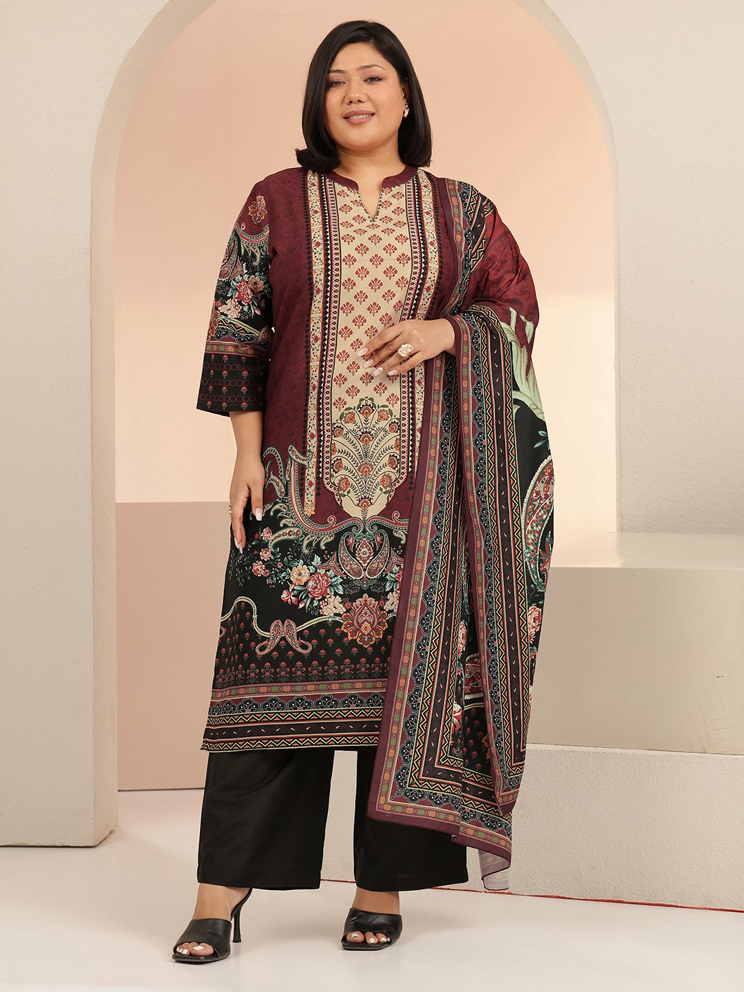 Plus Size Maroon Printed Muslin Kurta Set with Dupatta