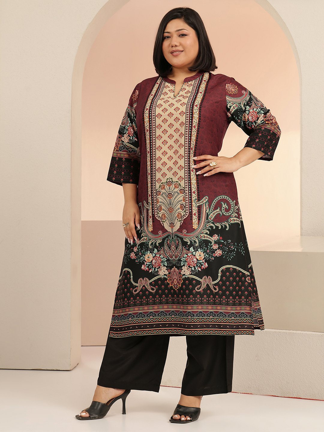 Plus Size Maroon Printed Muslin Kurta Set with Dupatta