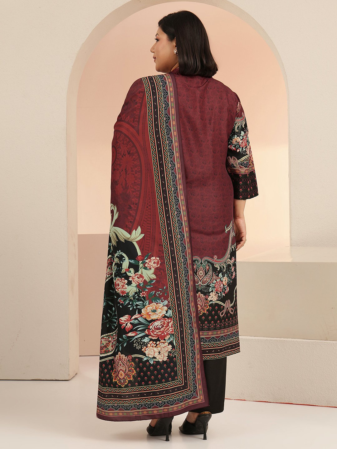 Plus Size Maroon Printed Muslin Kurta Set with Dupatta