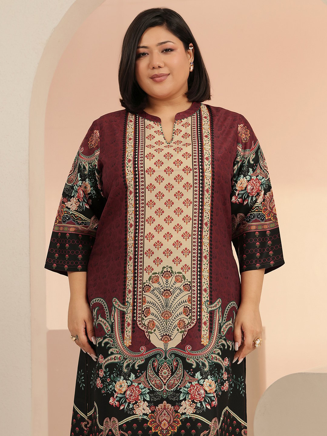 Plus Size Maroon Printed Muslin Kurta Set with Dupatta