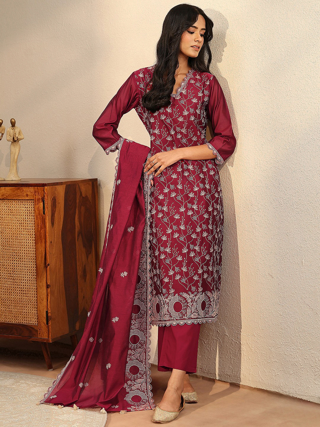 Red Embroidered Chanderi Kurta Set with Trousers and Dupatta