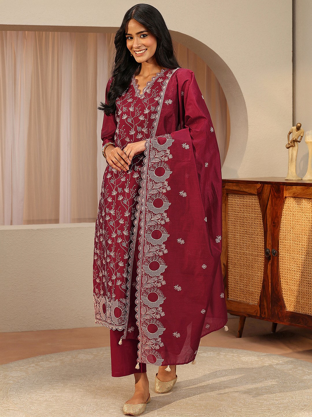Red Embroidered Chanderi Kurta Set with Trousers and Dupatta