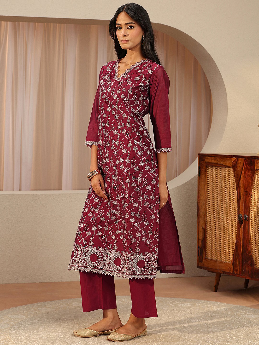 Red Embroidered Chanderi Kurta Set with Trousers and Dupatta