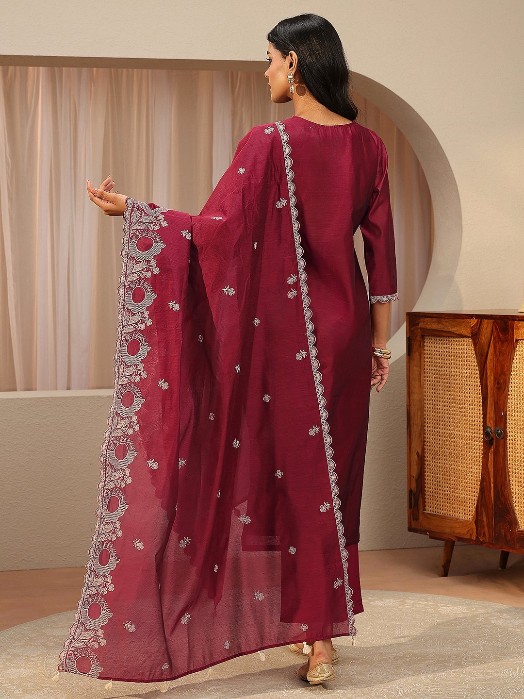 Red Embroidered Chanderi Kurta Set with Trousers and Dupatta