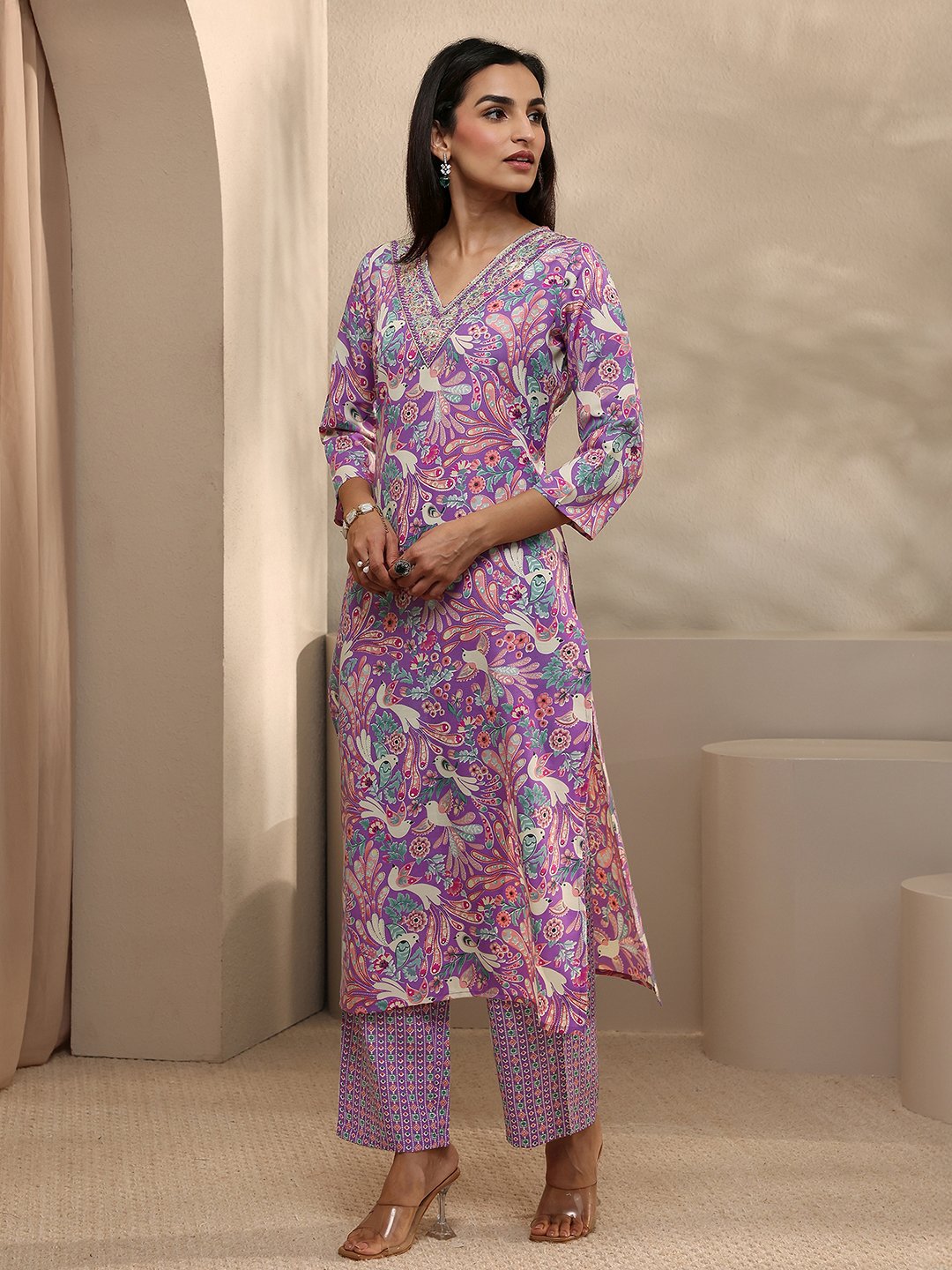 Purple Floral Print Cotton Kurta Set with Dupatta and Straight Trousers