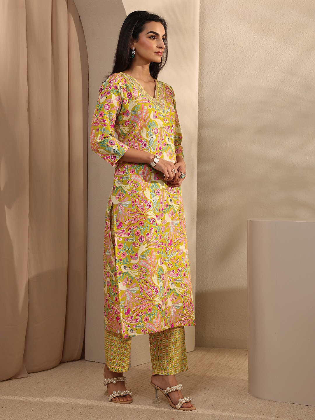 Yellow Printed Cotton Kurta Set with Trousers and Dupatta
