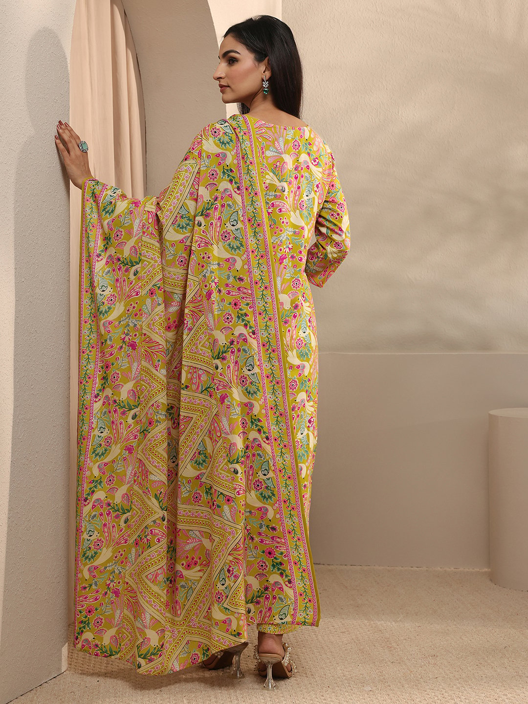 Yellow Printed Cotton Kurta Set with Trousers and Dupatta