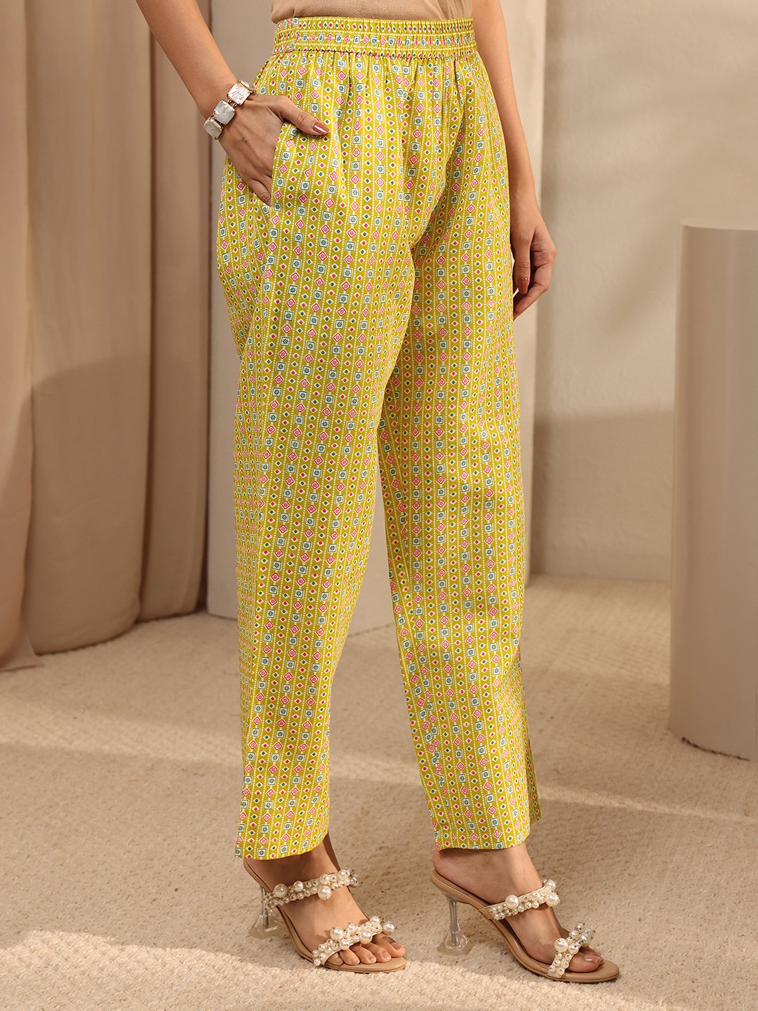 Yellow Printed Cotton Kurta Set with Trousers and Dupatta