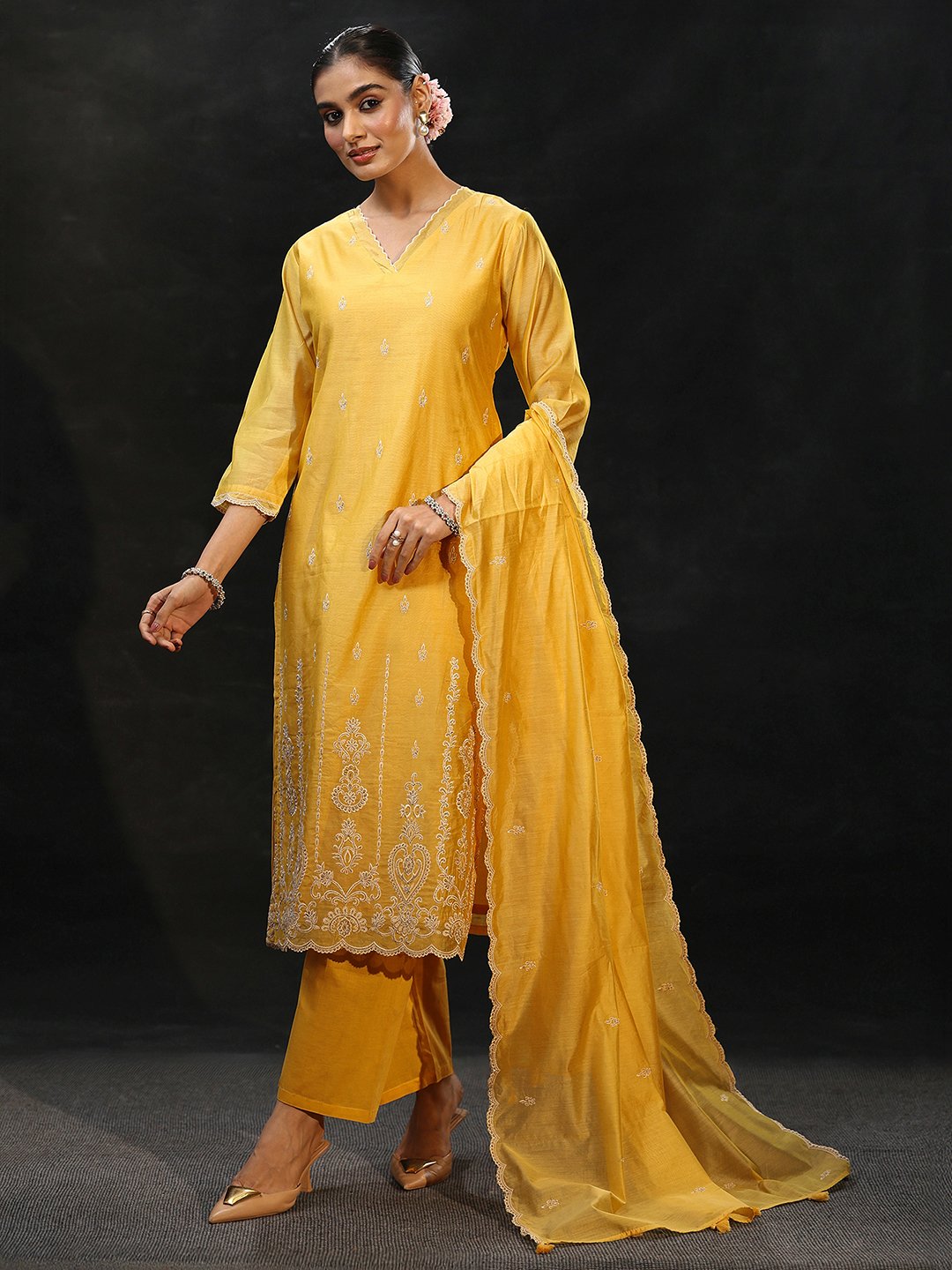 Yellow Chanderi Silk Embroidered Kurta Set with Trousers and Dupatta