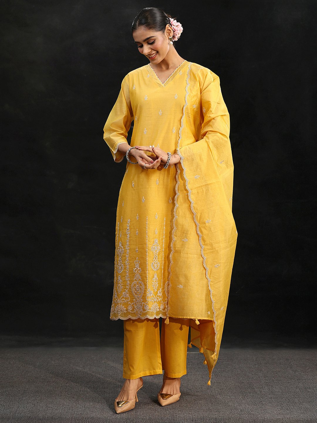 Yellow Chanderi Silk Embroidered Kurta Set with Trousers and Dupatta