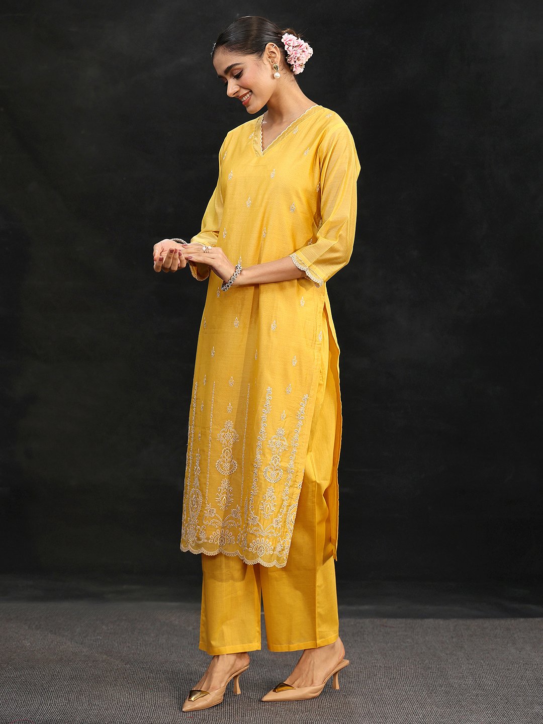 Yellow Chanderi Silk Embroidered Kurta Set with Trousers and Dupatta