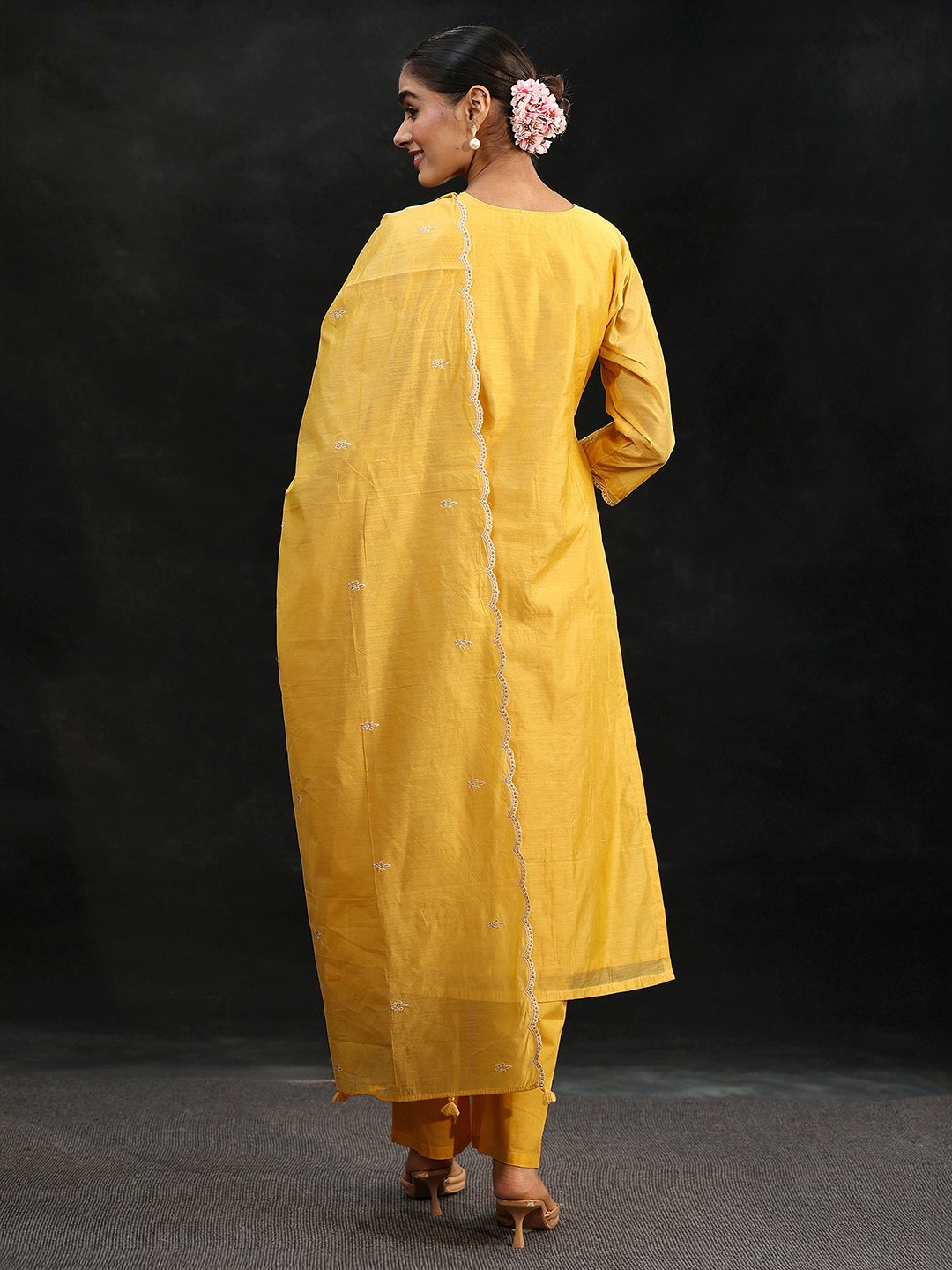 Yellow Chanderi Silk Embroidered Kurta Set with Trousers and Dupatta