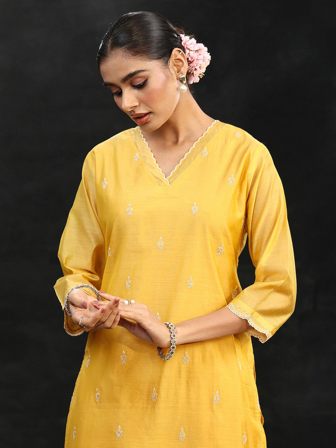 Yellow Chanderi Silk Embroidered Kurta Set with Trousers and Dupatta
