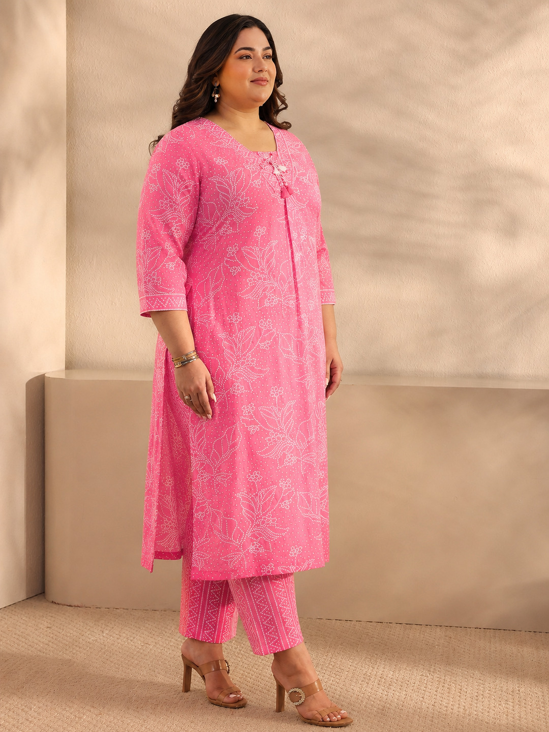 Plus Size Pink Floral Printed Cotton Kurta Set with Dupatta
