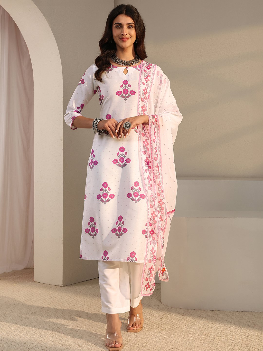 White and Pink Printed Kurta Set with Dupatta