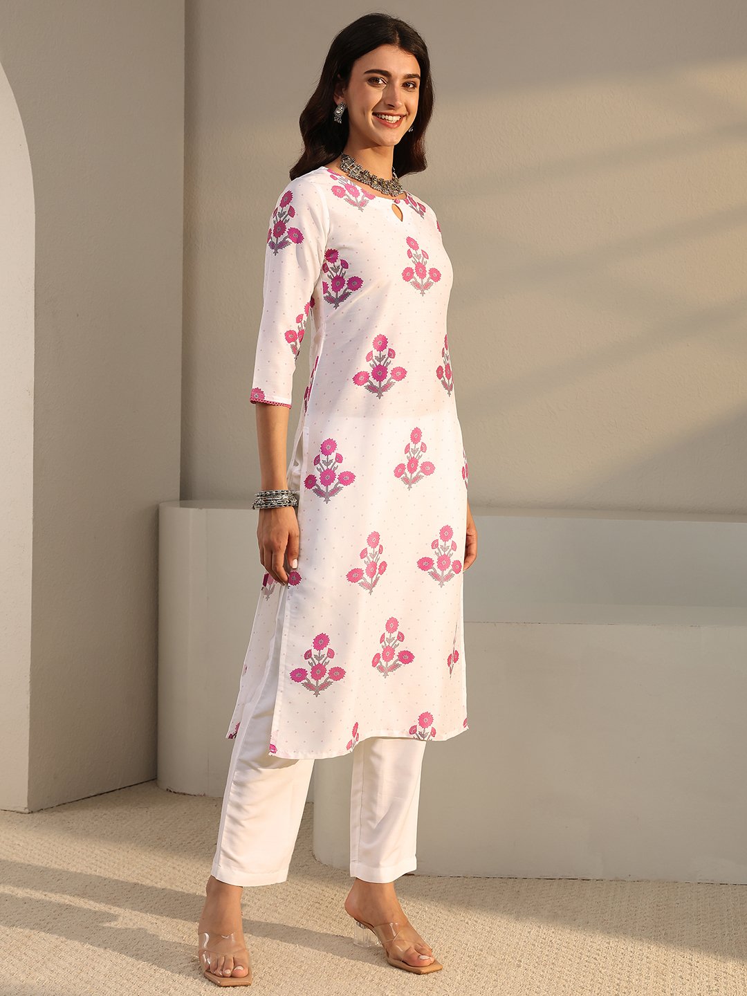 White and Pink Printed Kurta Set with Dupatta
