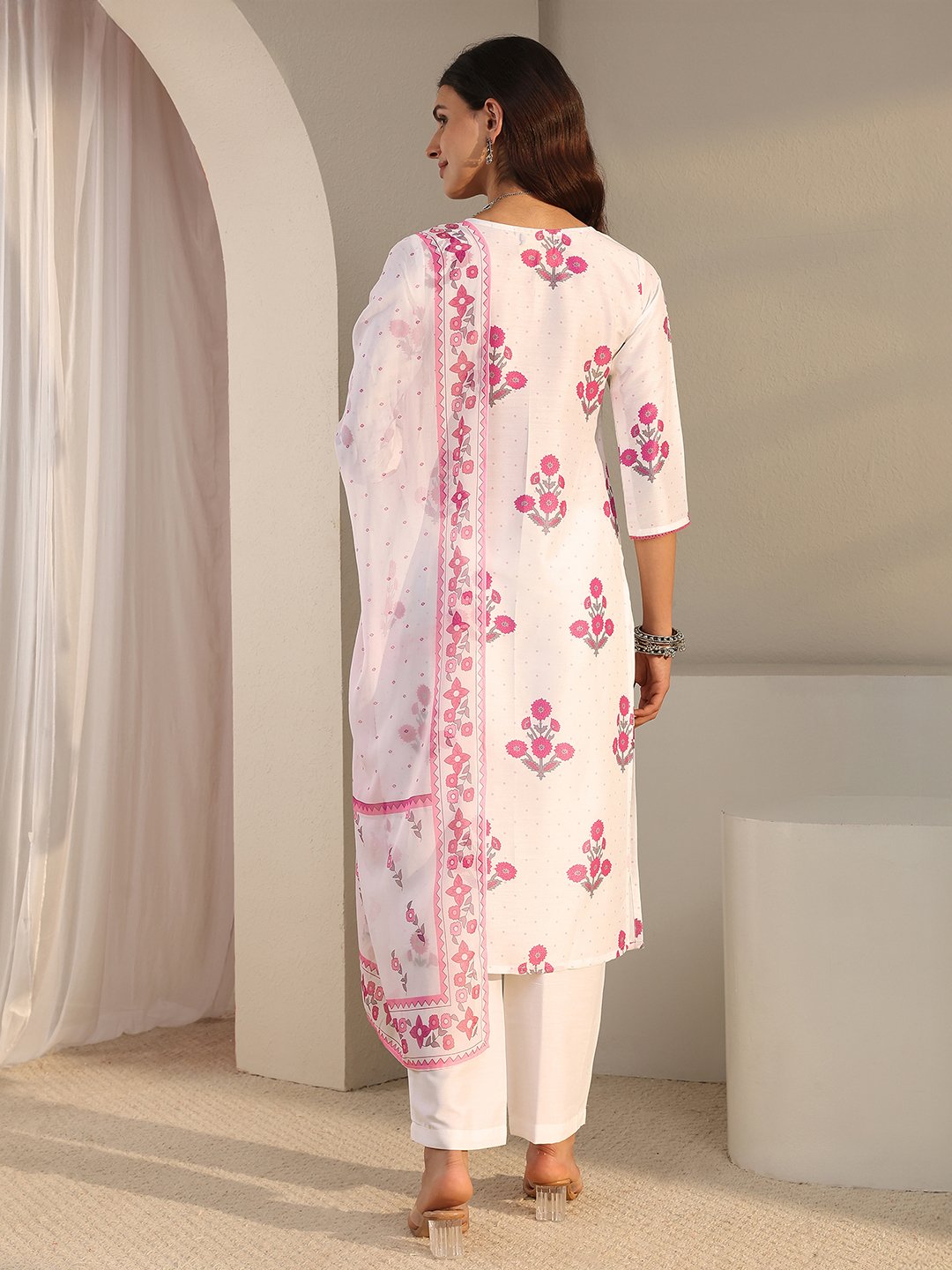 White and Pink Printed Kurta Set with Dupatta